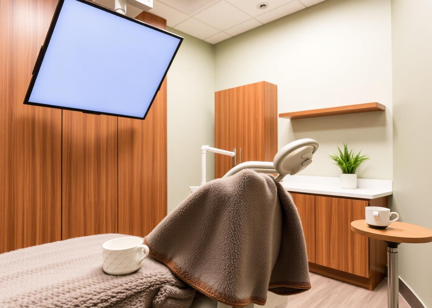 A treatment room with weighted blanket, screen, walnut cabinets and artisan coffee