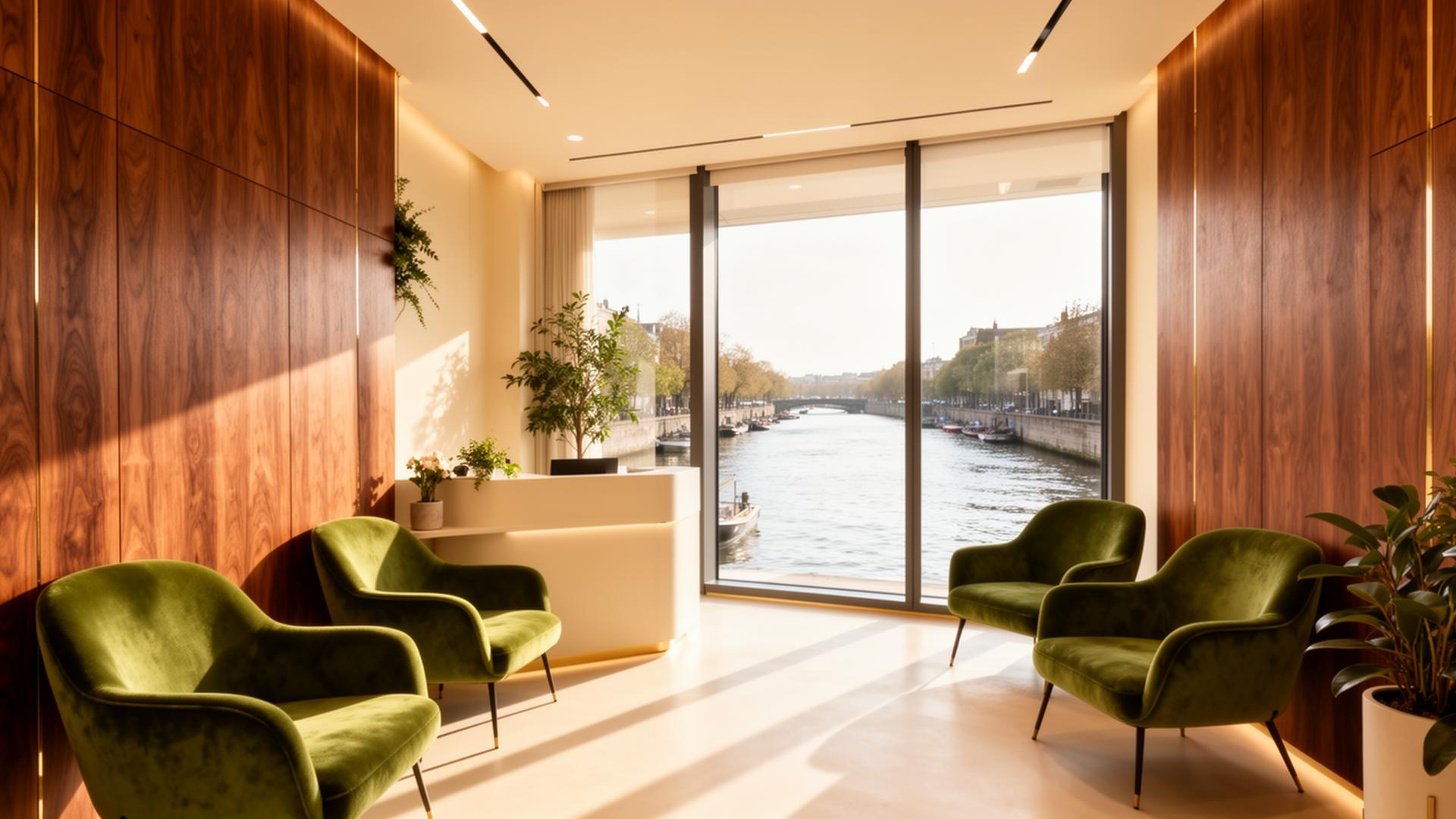 Calm wood-panelled dental clinic interior overlooking the Maidenhead canal